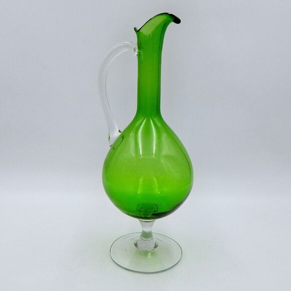 Hand Blown Green Glass Pedestal Ewer Pitcher Clear Handle Footed Decanter 12 In - Picture 1 of 13